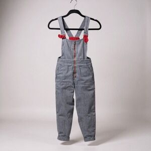 Engineer Conductor Blue White Pinstripe Denim Bib Overalls Red Trim Women Size 5
